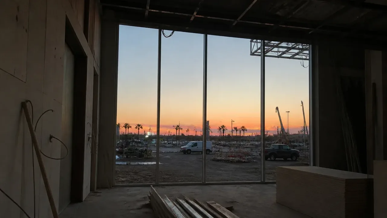 A build-out scene illustrating what a row knows, at dusk with the interior lights on