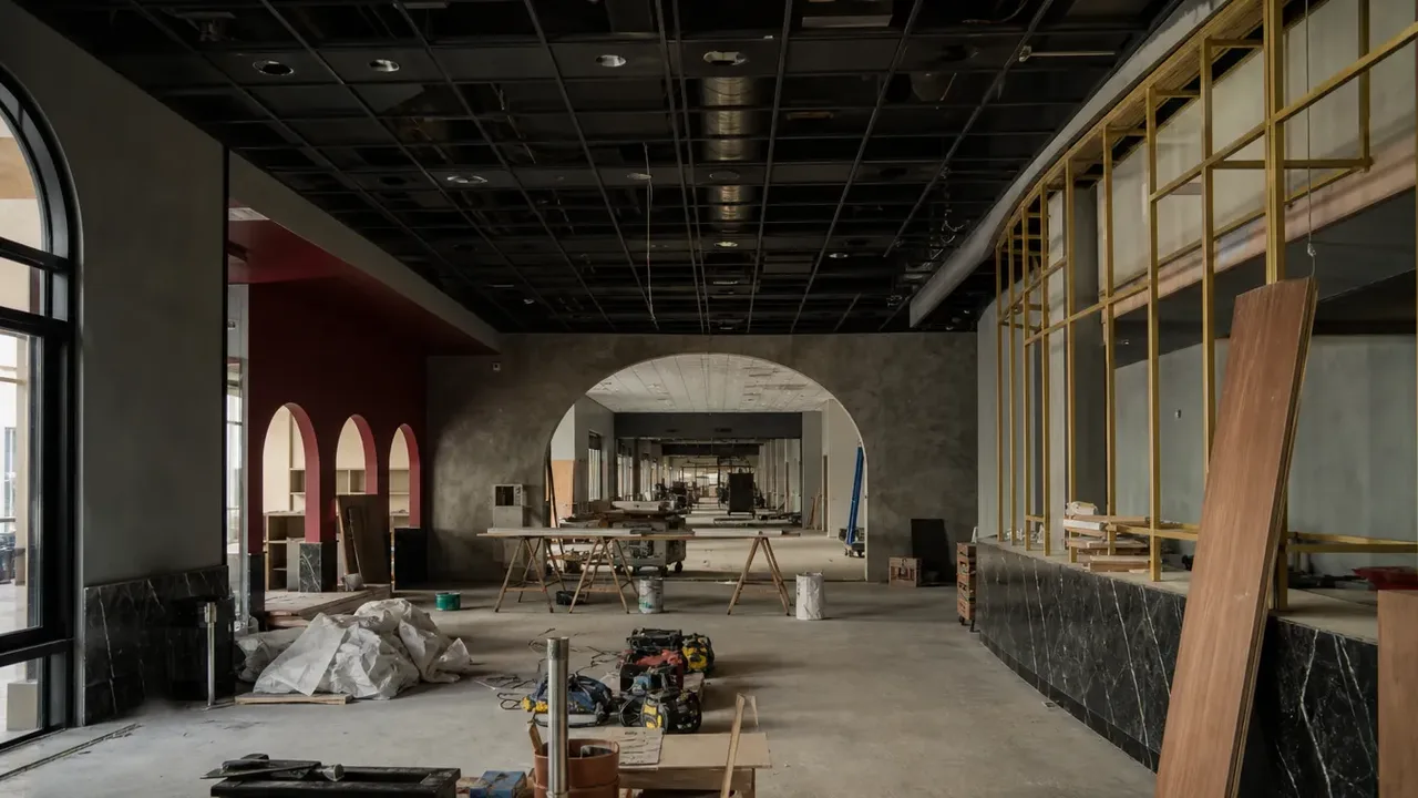 An unfinished hospitality interior with exposed ceiling framing, work tables and stacked materials