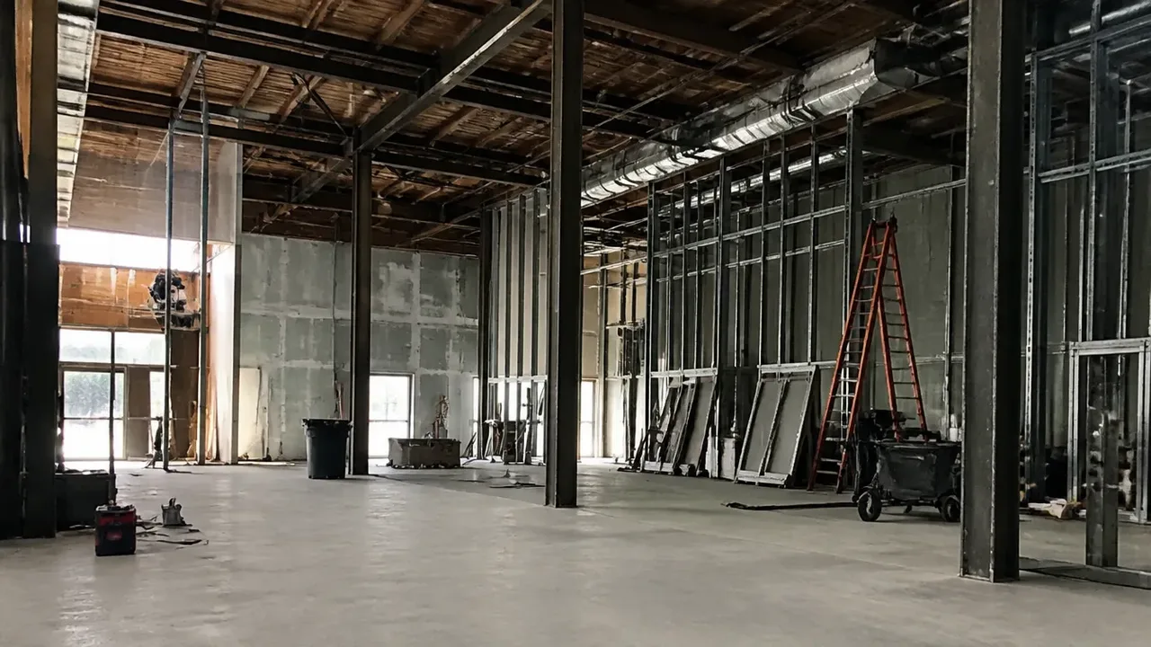 A build-out scene illustrating the list before the quantities, shot low and wide to show the height of the room